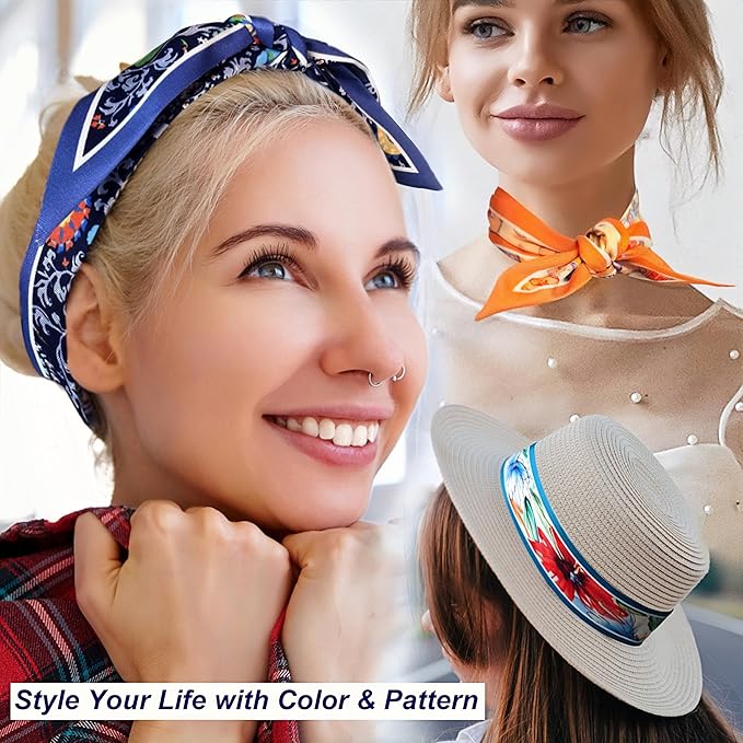 Skinny Scarf 3 Pack for Women – Bag Scarf, Silk Hair Scarves (Original Prints, Premium Twill, 3 Designs)