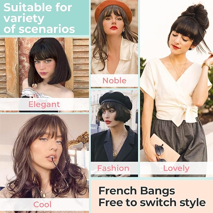 Clip in Bangs, Synthetic French Bangs Hair Clip, Fake Bangs Fringe with Temples Hairpieces for Women Natural Curved Hair Extensions for Daily Wear Dark Black