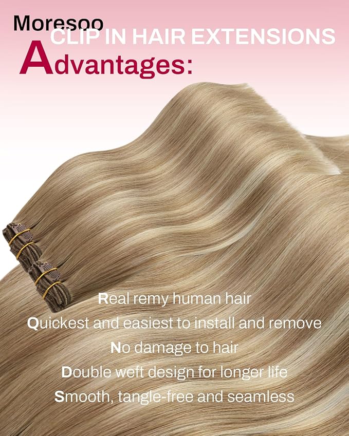 Moresoo Clip in Human Hair Extensions Blonde Balayage Remy Double Weft Human Hair Extensions Clip ins Ombre Light Brown with Golden Blonde 5pcs 80g 16inch
