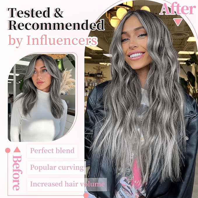 KooKaStyle Clip in Synthetic Hair Extensions Long Wavy 4PCS Thick Hairpieces Grey Sliver Mixed Fiber Double Weft Natural Hair Extensions 24 Inch for Women