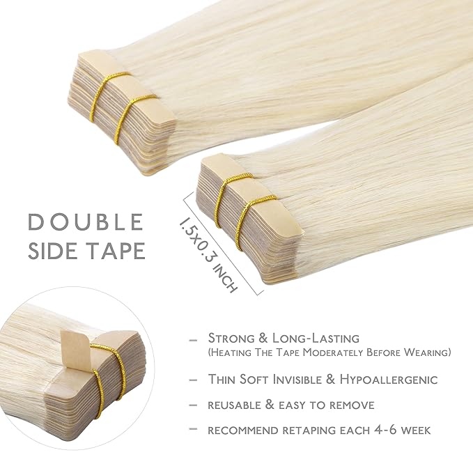 WENNALIFE Tape in Hair Extensions Human Hair, 20pcs 50g 22 inch Platinum Blonde Remy Hair Extensions Straight Human Hair Tape in Extensions Skin Weft Tape Extensions Human Hair