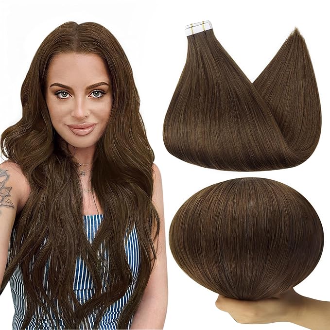 Full Shine Brown Tape in Hair Extensions Human Hair 10Inch Color 4 Medium Brown Short Straight Tape in Extensions 20 Pcs 30 Gram Seamless Hair Extensions Tape in Natural Real Human Hair for Party