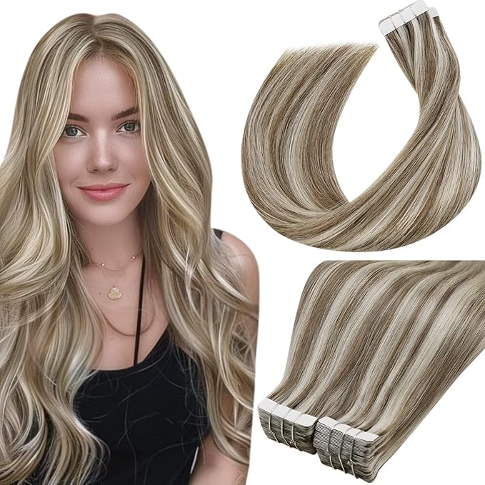 LaaVoo Tape in Hair Extensions Human Hair Highlights Human Hair Extensions Tape in Platinum Blonde Highlights with Ash Brown 20 Inch 40pcs 100g