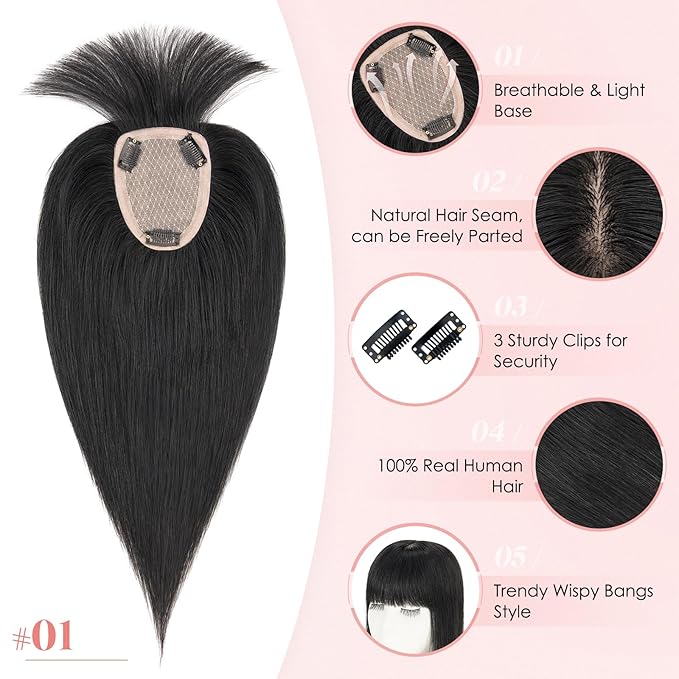 Hairro Human Hair Toppers with Wispy Bangs, 3.5x4.7" Hand-wovened Base for Women with Thinning Hair, Lightweight & Breathable Realistic Scalp, Clip-in Hairpieces for Easy Wear, 14 Inch Jet Black