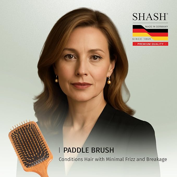 SHASH Since 1869 Made in Germany Wooden Paddle Brush - Gently Detangles, Styles, Conditions Hair with Minimal Frizz and Breakage - Safe for All Hair Types, Wet or Dry - Eco-Sourced Wood
