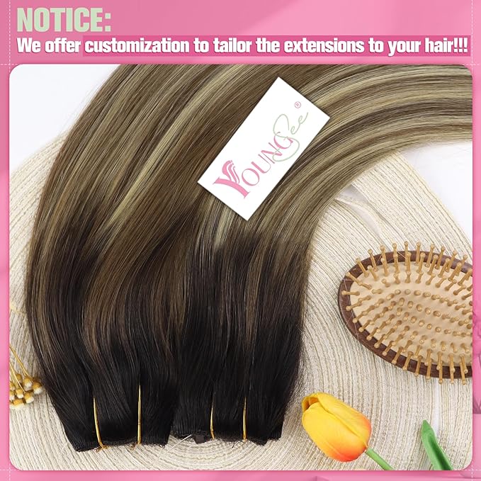 YoungSee 135G Wire Hair Extensions Real Human Hair Ombre Wire Hair Extensions Multicolor Human Hair Fish Line Extensions Dark Brown Roots to Medium Brown with Blonde Balayage 24inch