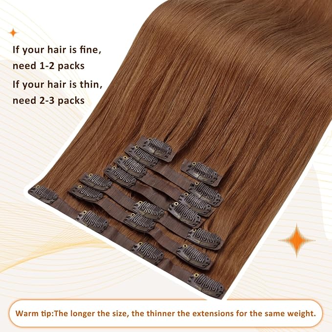 Full Shine Copper Brown Hair Extensions Copper Seamless Human Hair Clip in Extensions Auburn Brown Seamless Hair Extension Short for Women 12 Inch 95 G 8 PCS