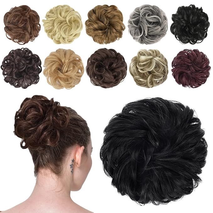 FESHFEN Messy Bun Hair Piece - Elastic Wavy Curly Hair Bun Scrunchies Extensions Synthetic Chignon Hairpieces for Women Girls, Black 1.5 oz