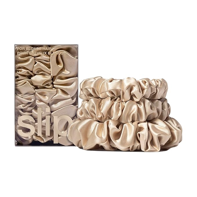 slip Back to Basics Blonde Midi & Large Scrunchie Set | Includes 2 Midi & 1 Large Pure Silk Scrunchies | 100% Mulberry Silk, Anti-Crease, Gentle on Hair, Prevents Breakage | Elegant & Durable