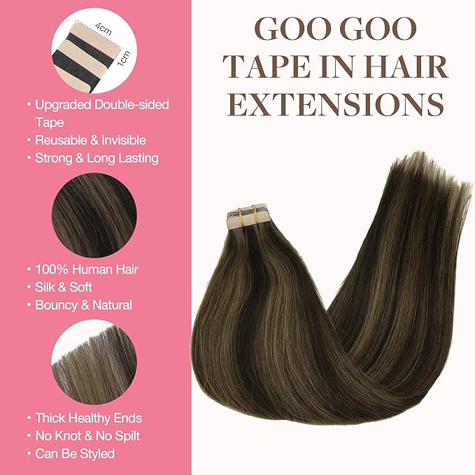 GOO GOO Tape in Hair Extensions Human Hair, 2/6 Dark Brown Highlighted Chestnut Brown, 16inch 100g 40pcs, Skin Weft Seamless Invisible, Silky Straight with Thick Ends, Remy Human Hair