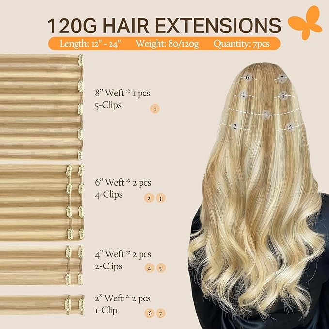 DOORES Clip-in Hair Extensions - Real Human Hair, Balayage Dark Blonde with Highlights, 24 Inch, 7 Pieces, 120g, Remy, Silky Straight, Thick