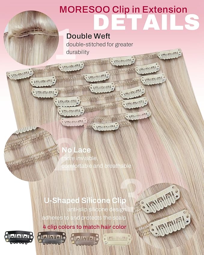 Moresoo Clip in Hair Extensions Remy Double Weft Human Hair Clip in Extensions Straight Hair Extensions for Women Ash Blonde Highlight with Blonde 7pcs 120g 24inch