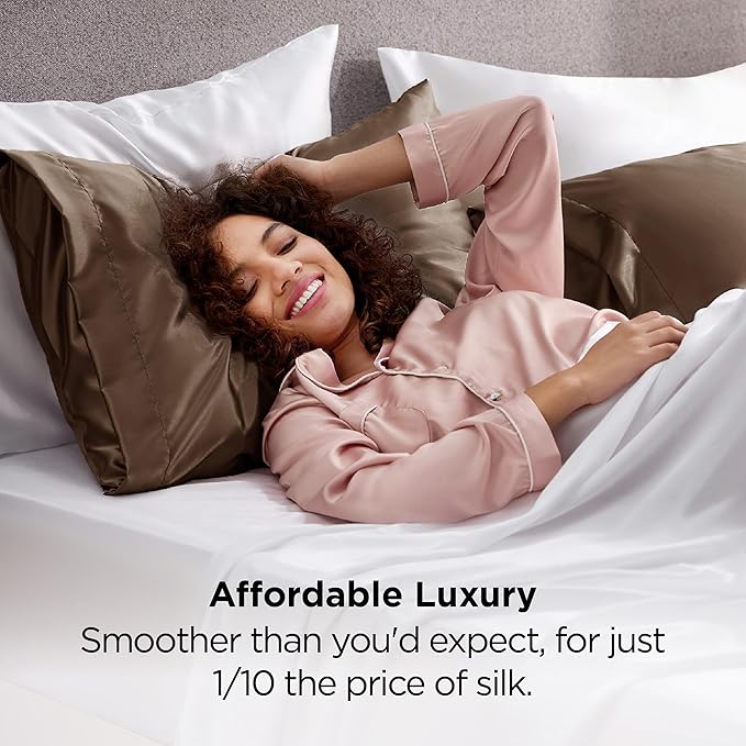 Bedsure Satin Pillowcase 2 Pack Similar to Silk Pillow Cases Standard Size, Pillow Case for Sleeping Women with Envelope Closure, Gifts for Women Men, Brown, 20x26 Inches, 2pcs