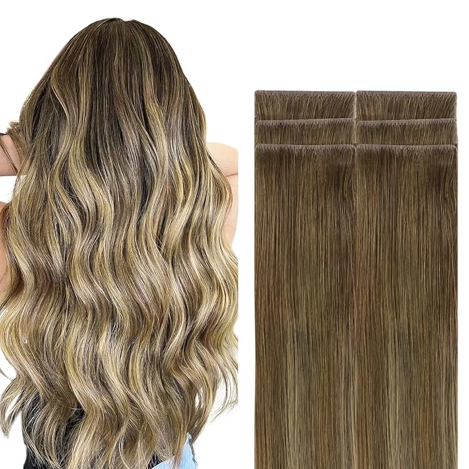 GOO GOO Invisi Edge Tape in Hair Extensions Human Hair, 3/8/613 Balayage Walnut Brown to Ash Brown and Bleach Blonde, 6pcs 14inch 15g, Virgin Remy Hair, Seamless Injected Tape, Natural Look