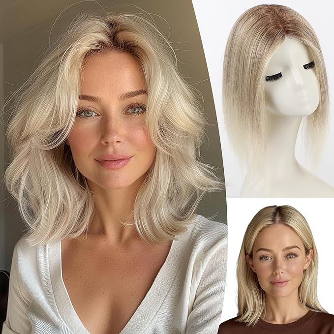 starluck Hair Toppers for Women Real Human Hair 5"*5.5"Large Coverage Gray Brown & Platinum Blonde No Bangs 100% Real Human Hairtoppers for Women with Thinning Hair Cover Gray Roots