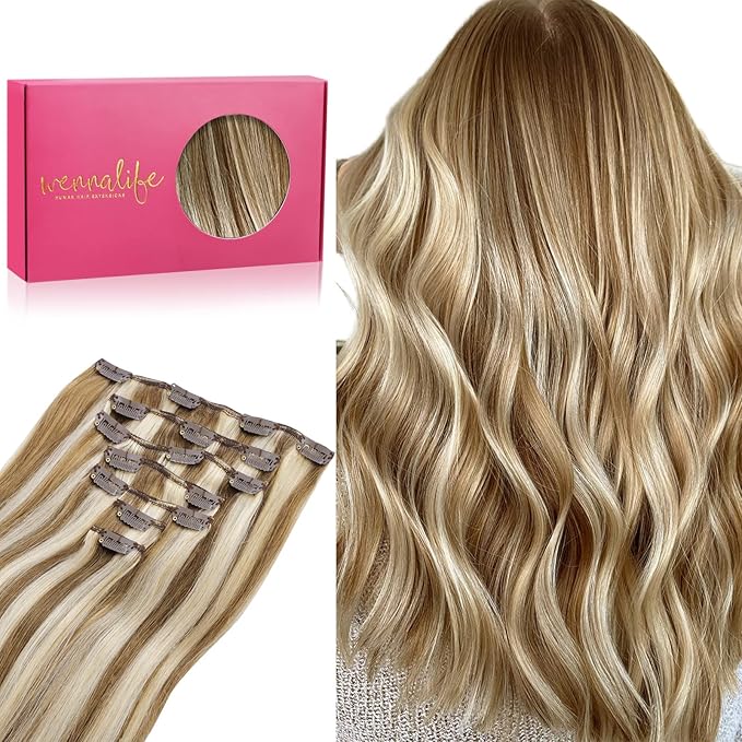 WENNALIFE Clip in Hair Extensions Real Human Hair, 16 Inch 120g 7pcs Ash Brown with Platinum Blonde Highlights Hair Extensions Remy Straight Natural Extensiones De Cabello Humano Con