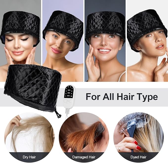 Electric Hair Steamer Cap, Hair Care Hat Heating Cap with 10 Gears Temperature and Timer Control, Thermal Heat Cap for Black Hair Thermal (Black)