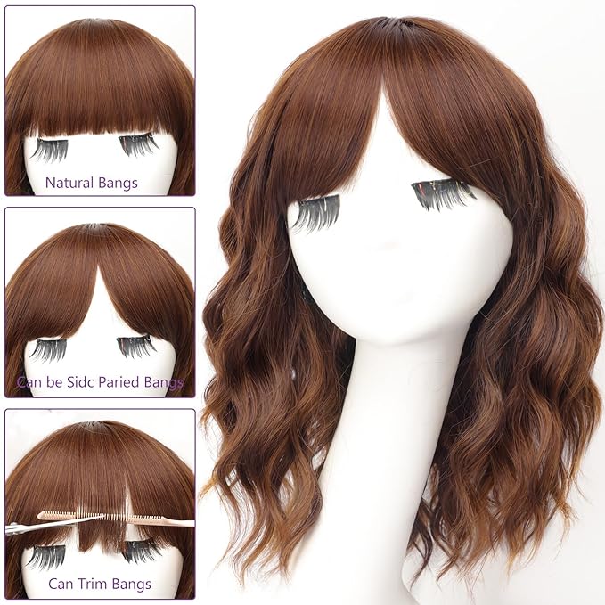 AISI HAIR Synthetic Wavy Curly Bob Wig with Bangs Ash Auburn Short Wavy Hair for Women Synthetic Heat Resistant Bob Wigs