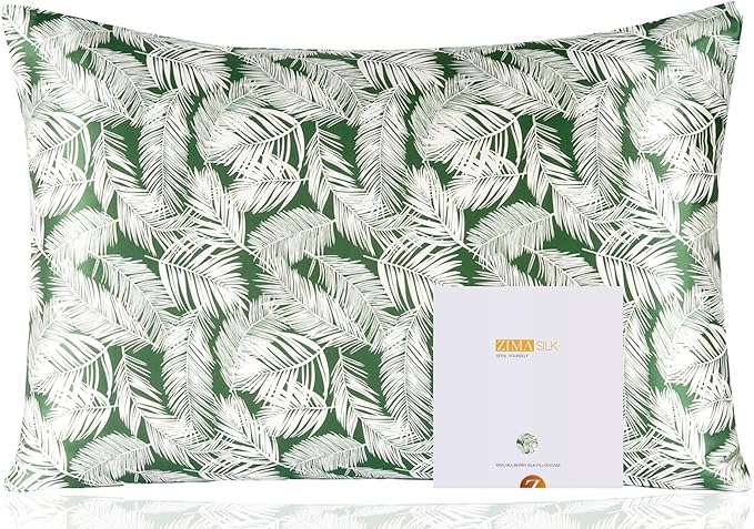 ZIMASILK 100% Pure Mulberry Silk Pillowcase for Hair and Skin Health,Both Sides 19 Momme Silk Floral Print,1pc(Queen 20''x30'',White Leaves)