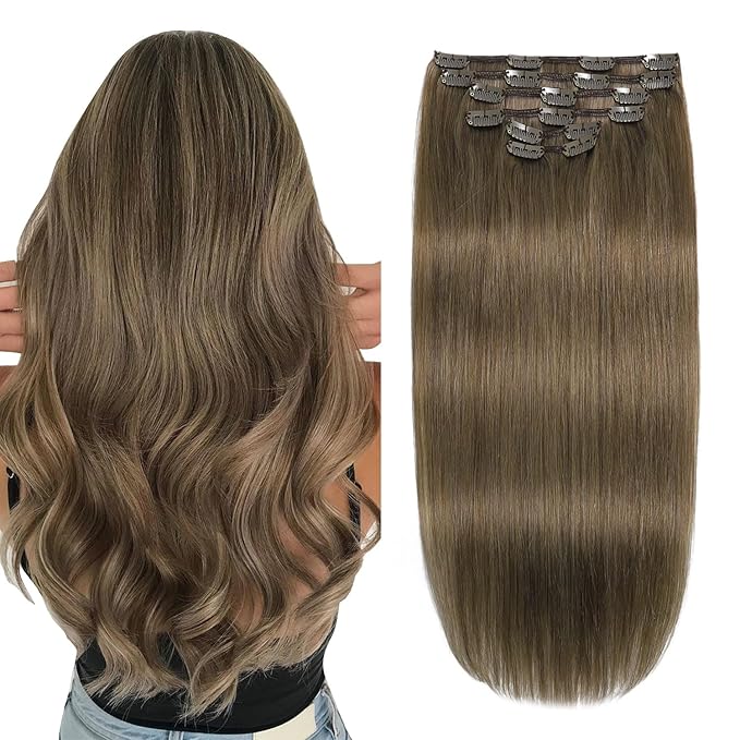 XDhair Clip in Hair Extensions Human Hair,120g 18 Inch Ash Brown Clip in Remy Hair Extensions Straight for Women 6 Pieces (#8,18Inch)