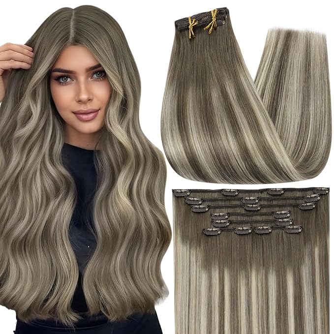 Full Shine 22 Inch Hair Extensions Cool Blonde Remy Clip in Human Hair Extensions Cool Taupe Balayage Blonde Real Hair Clip in Extensions Human Hair 7 Pcs 120 G