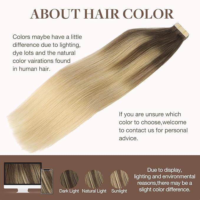GOO GOO Tape in Hair Extensions Human Hair, 4/18 Balayage Chocolate Brown Highlighted Dirty Blonde, 16inch 100g 40pcs, Skin Weft Seamless Invisible, Silky Straight with Thick Ends, Remy Human Hair