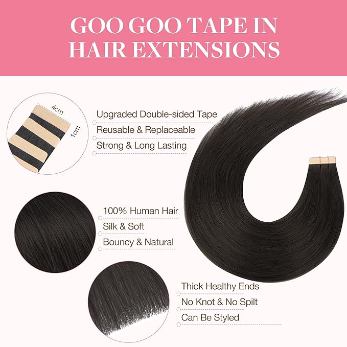 GOO GOO Tape in Hair Extensions Human Hair, 2 Dark Brown, 12inch 80g 40pcs, Skin Weft Seamless Invisible, Silky Straight with Thick Ends, Remy Human Hair