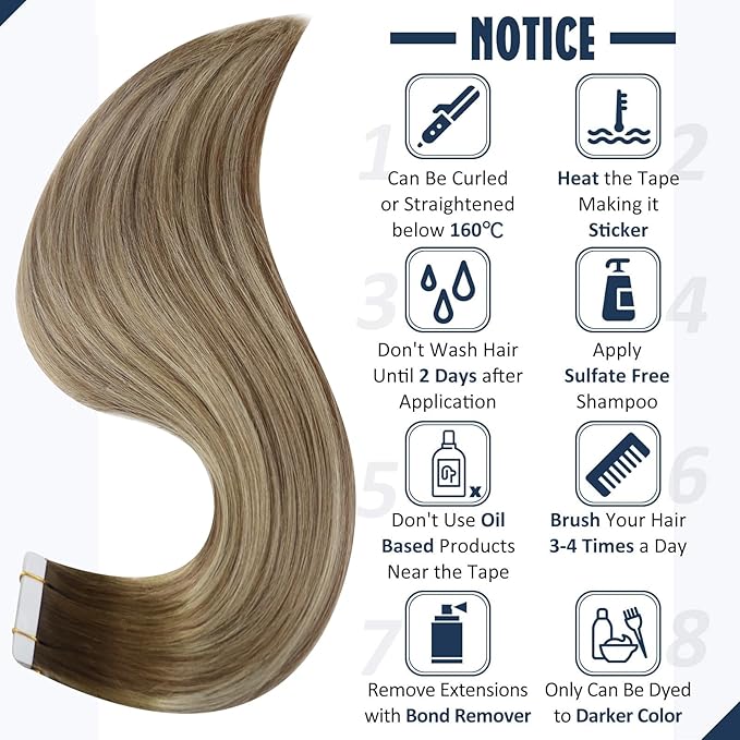 Full Shine Seamless Tape in Hair Extensions 16Inch Color Dark Brown 3 Fading to 8 and 22 Blonde Double Sided Tape in Extension Human Hair Skin Weft 50G Straight for Women Add Volume 20Pcs