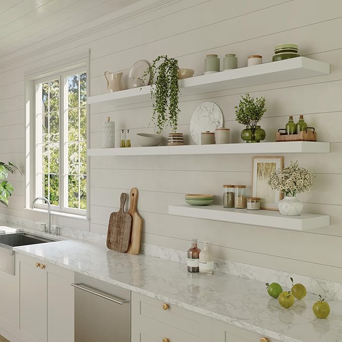 Large Floating Shelves for Wall Set of 3 Wooden Wall Shelves 36 in x 12.75 in x 2 in Room Decor Long Shelf with Invisible Wall Mount Bracket for Bedroom Kitchen Living Room White