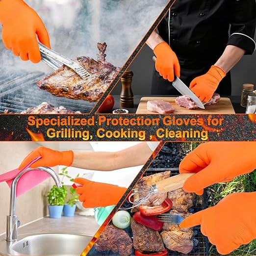 BBQ Gloves for Grilling Disposable Heat Resistant - 100 Nitrile Gloves + 4 Reusable Cotton Liners for Cooking Smoker -Orange XLarge