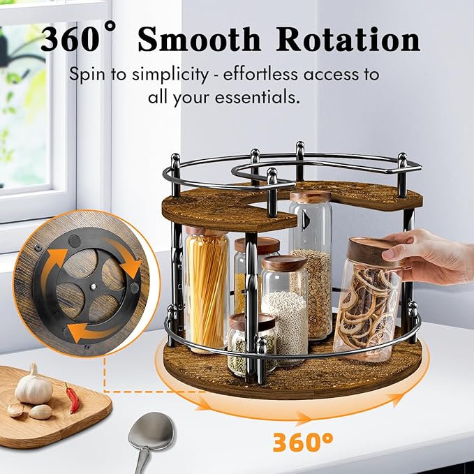 2-Tier Lazy Susan Organizer Turntable Spice Organization U-Shape 11.8" Rotating Spice Rack Height Adjustable for Cabinet, Pantry, Kitchen Countertop, Party