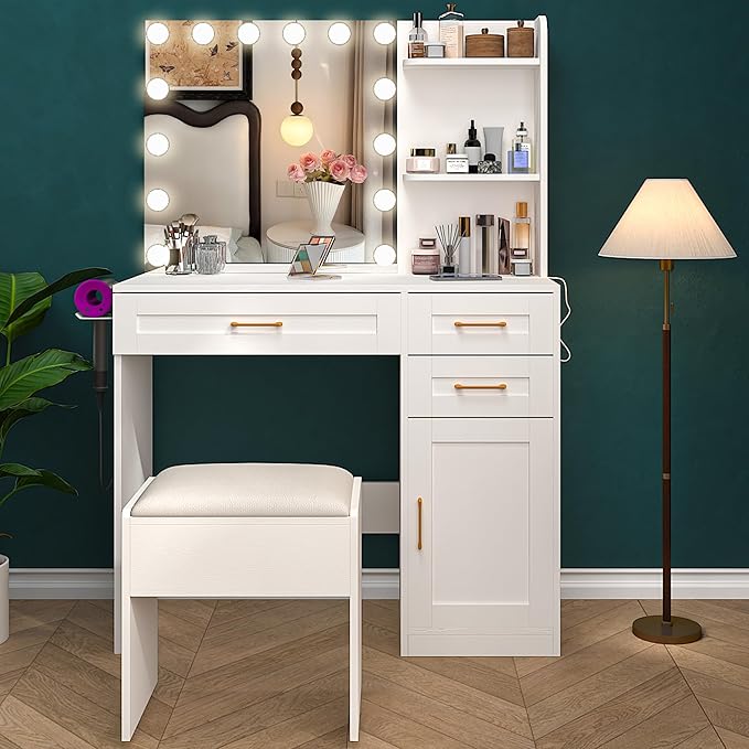 Vanity Desk with Mirror and Lights, 37 inch Vanity Set with Storage Chair & Power Outlet, White Makeup Vanity with 3 Drawers & Large Cabinet, 3 Colors Lighting Adjustable Brightness, Hair Dryer Rack