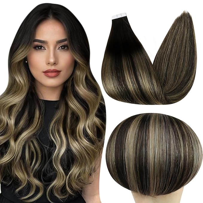 Full Shine Tape in Hair Extensions Human Hair 14 Inch Color 1B Off Black Fading to 27 Honey Blonde and 1B Tape in Real Hair Extensions 50Gram 20Pcs Adhesive Hair Extension Seamless Tape