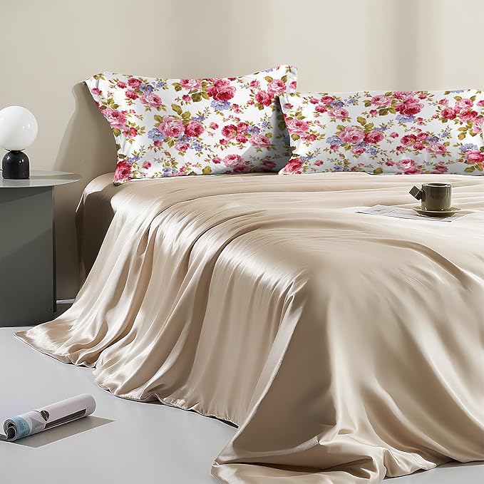 Satin Pillowcase 1 Pack-Rose Flower Floral Silky Pillow Cover for Hair and Skin,King Size 20x36 Inch Soft Cooling Printed Pillow Cases with Hidden Zipper,Gifts for Women Men