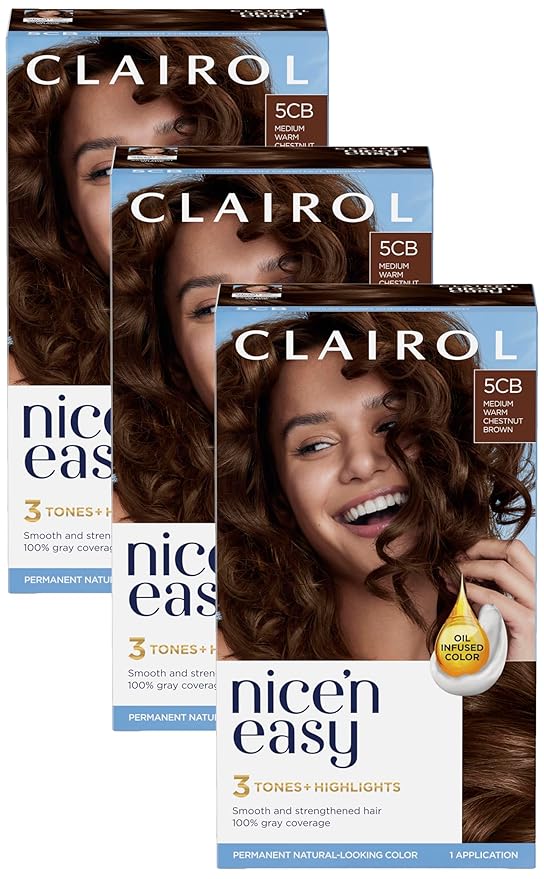 Clairol Nice'n Easy Permanent Hair Dye, 5CB Medium Warm Chestnut Brown Hair Color, Pack of 3