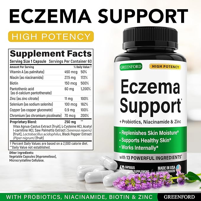 Greenford Eczema Treatment & Support for Natural Relief - Made in USA - Skin Vitamins & Herbals for Eczema, Acne, Psoriasis, Rosacea Treatment with Zinc, Niacinamide & Probiotics - 60 caps