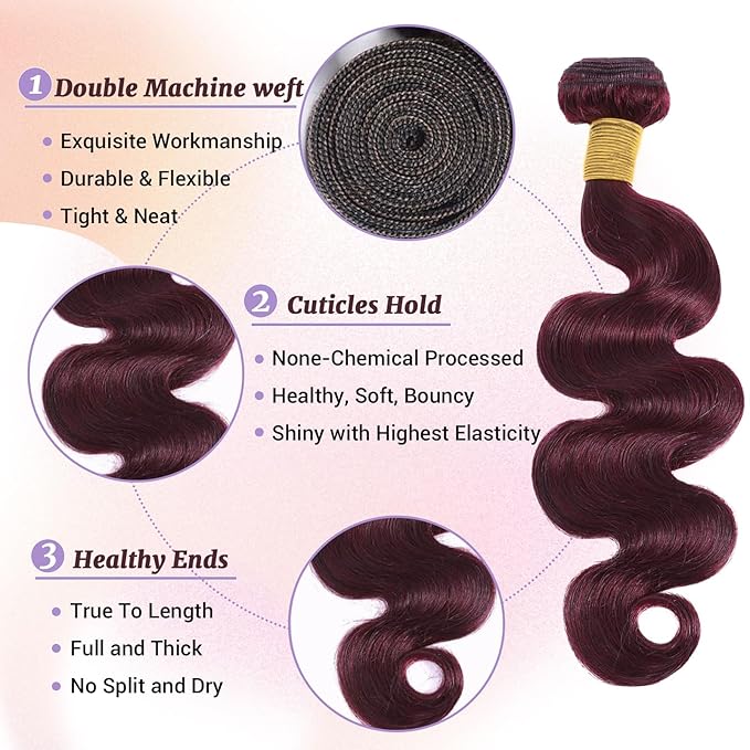99J Human Hair Bundles Body Wave Burgundy Dark Red Wine Color Body Wave Bundles 100% Real Human Hair 20 22 24 Inch True To Length 3 Pcs/Pack