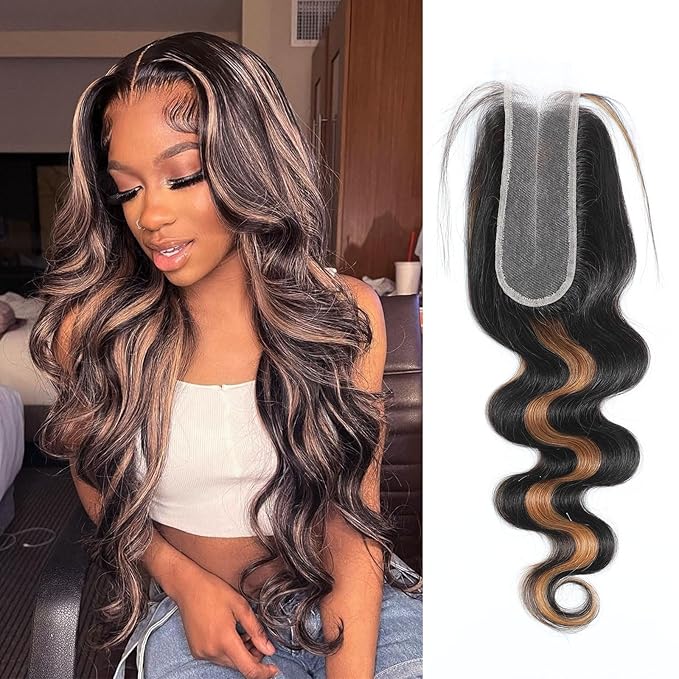 P1B/30 2x6 HD Lace Closure Body Wave Human Hair Highlight Brown Black Color Transparent Lace Closure 2x6 Long Deep Middle Part 100% Raw Virgin Human Hair 22 Inch 150% Density
