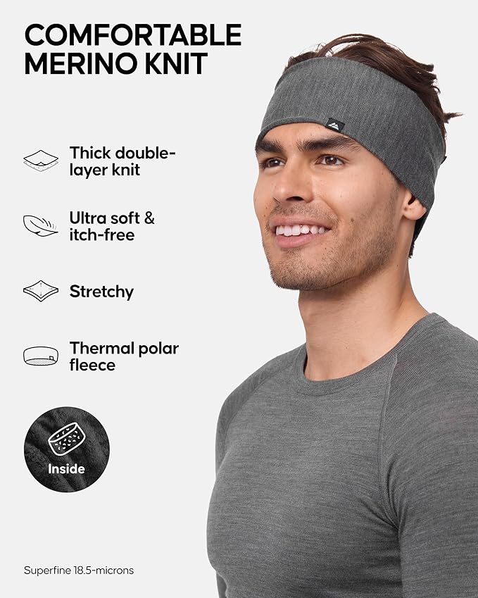 DANISH ENDURANCE Merino Wool Headband, with Thermal Inner Fleece, for Men and Women, Unisex, Dark Grey, M/L