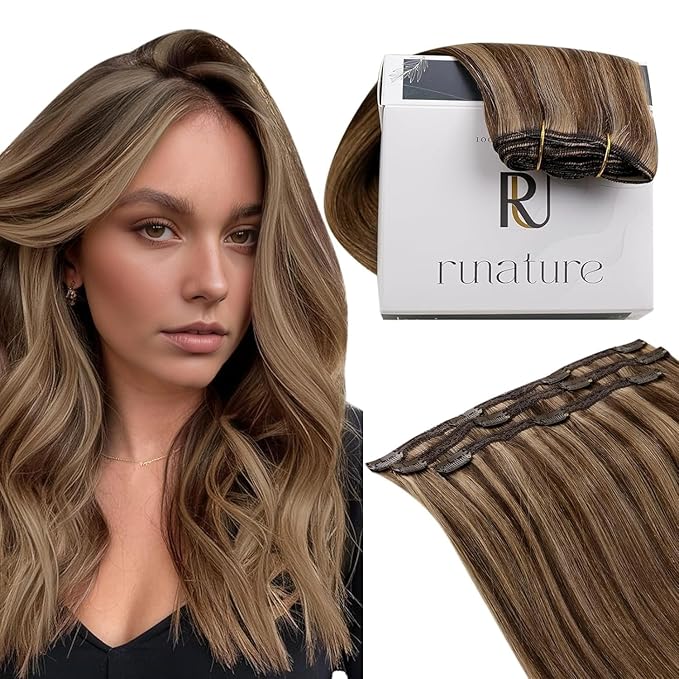 RUNATURE Real Hair Extensions Clip in Human Hair, Remy Clip in Hair Extensions Real Human Hair, Tangle-free Soft Natural Hair for Women, 12 Inch 50g 3pcs #3P12 Walnut Brown Highlight Blonde