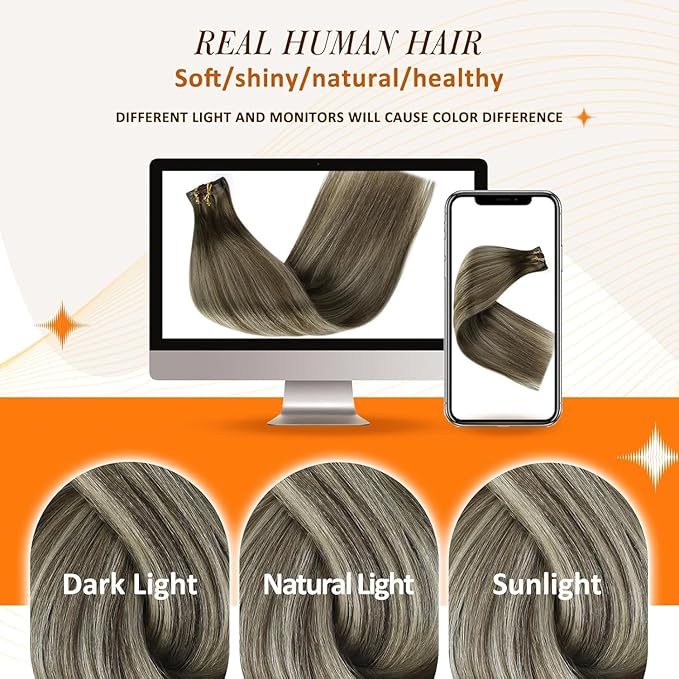 Full Shine Human Hair Clip in Extensions Balayage Human Clip in Hair Extensions Ash Brown Ombre Platinum Blonde Straight Clip ins Softness 14 Inch 8 PCS 120 G