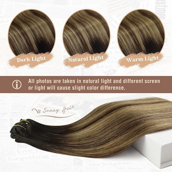 Ve Sunny Clip in Hair Extensions Real Human Hair Black Ombre Human Hair Clip in Extensions Black Balayage Brown with Blonde Clip in Human Hair Extensions 22inch 120g