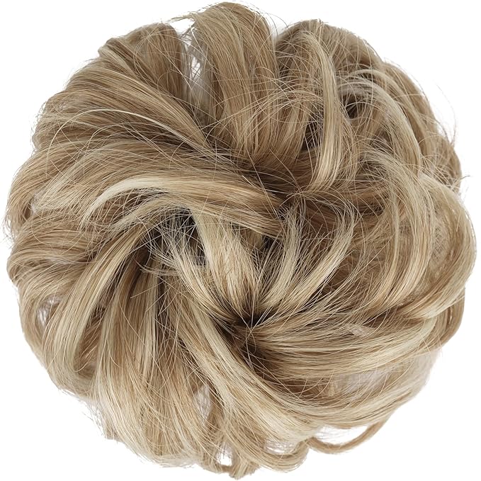 FESHFEN Messy Bun Hair Piece - Elastic Wavy Curly Hair Bun Scrunchies Extensions Synthetic Chignon Hairpieces for Women Girls, Mixed Blonde and Ash Blonde Tips 1.5 oz