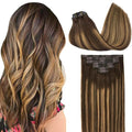 GOO GOO Clip in Hair Extensions Real Human Hair, Remy Human Hair Extensions Clip ins for Women, Natural Human Hair, 24inch 140g 7Pcs, #4/27/4 Balayage Chocolate Brown to Caramel Blonde