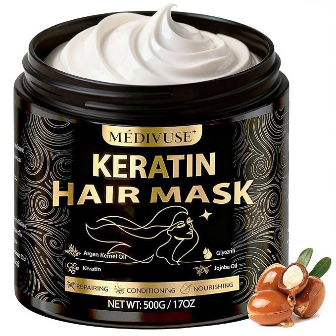 Deep Conditioning Hair Mask - Keratin Mask with Argan Oil - Giant 500ML Size Jojoba Oil Natural Hydrating Repair Hair for Damaged Frizzy Dry Hair Treatment - Fits All Hair Types (17 oz), Argan Oil
