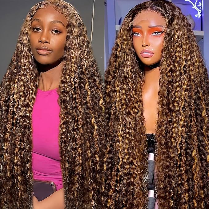 22 Inch Highlight Ombre Lace Front Wig Human Hair Deep Wave Honey Blonde 13x6 HD Lace Frontal Wigs Wet and Wavy 4/27 Colored Glueless Curly Wigs Human Hair for Women