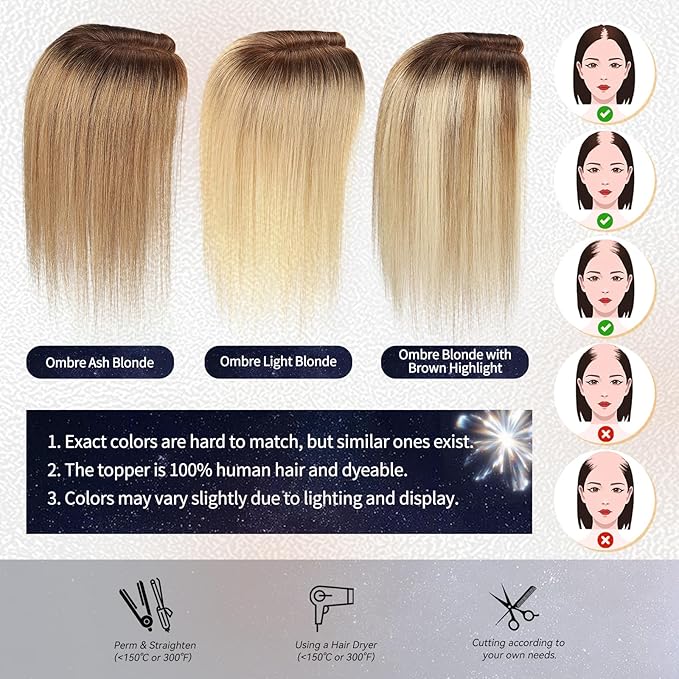 starluck Hair Toppers for Women Real HumanHair,5.5"*4"MONO Large Base,100% Real Human Hair-Toppers for Women with Thinning,46g Hand-moven Topper,Gray Roots,High Volume,Ombre Light Blonde