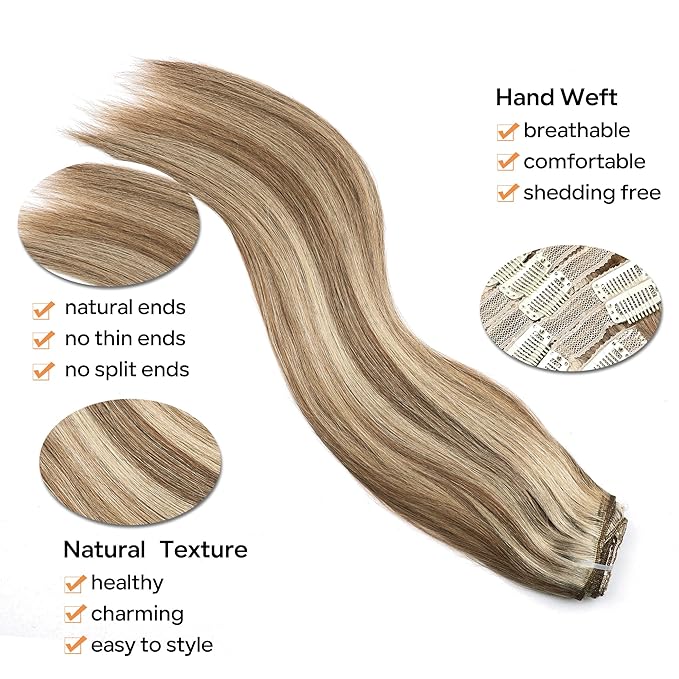 Straight Clip In Hair Extensions Real Human Hair 8Pcs Clip In Balayage Chestnut Brown Highlight Blonde Human Hair Extensions with 18Clips Lace Weft 120g 20inch