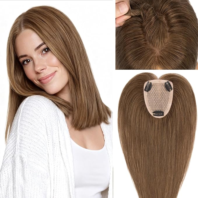 Rich Choices Human Hair Toppers for Women-100% Real Remy Hair Topper No Bang-Upgraded 150% Density 9 * 12CM Lace Base-Clip in Hairs Topper for Thinning Hairs-10Inch #4 Medium Brown