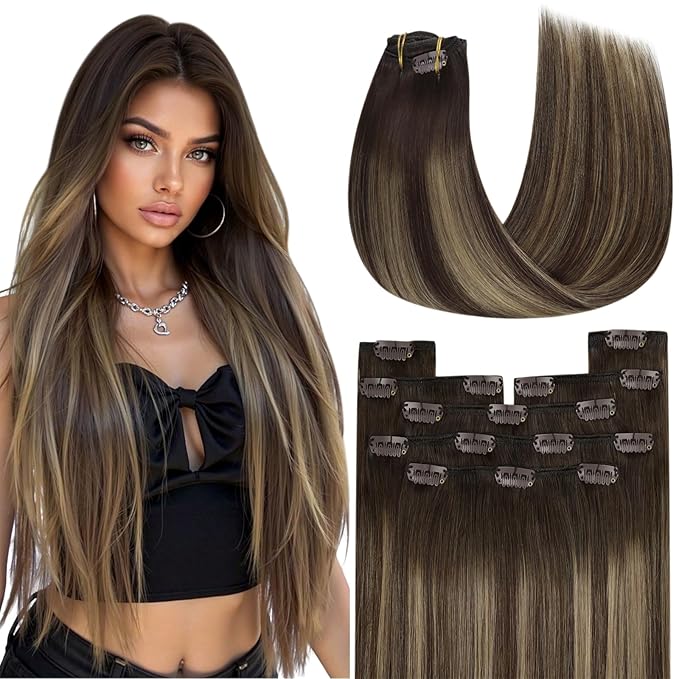 YoungSee Clip in Human Hair Extensions Balayage Brown Human Hair Clip in Extensions Balayage Chocolate Brown Mix Caramel Blonde Hair Extension Real Hair Clip ins for Women 16Inch 120G